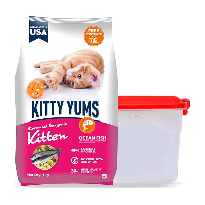 Kitty Yums Kitten (1-12 Months) Dry Cat Food Ocean Fish Flavour 1kg Pack with Free Container